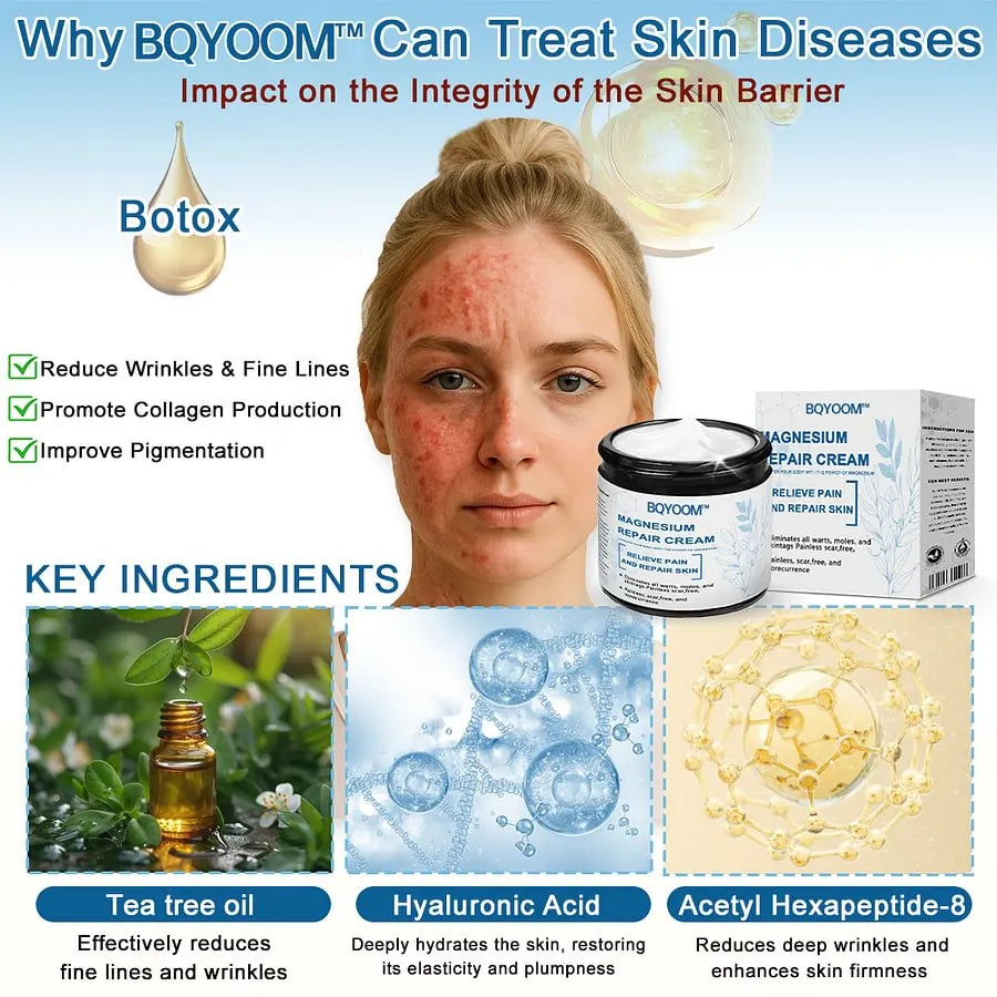 BQYOOM™ Magnesium skin repair cream👨‍⚕️NHS Approved (Psoriasis and Eczema Relief, Skin Repair, Even Tone, Acne and Dark Spot Treatment, Wart and Mole Removal)